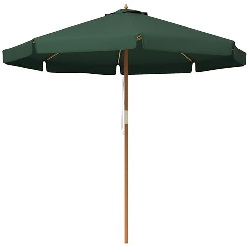Outsunny Ombrellone da Giardino Ø3.25m con Corde, Apertura Regolabile e Prese d'Aria, Ombrellone da Esterno con 8 Stecche in Legno, Bambù e Poliestere 180g/㎡, per Cortile, Terrazza e Balcone, Verde