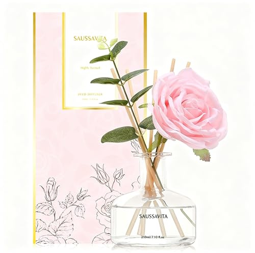Raumduft Reed Diffuser Romantische Rose 210ml,120 Tage langanhaltend | Transparente Flasche mit rundem Korpus,7 Duftstäbchen,Lufterfrischer für Badezimmer,Wohnzimmer und Schlafzimmer Dekoration