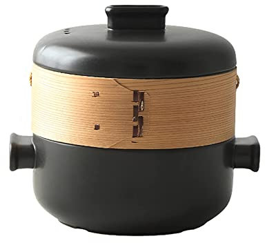 Cazuela Japonesa con vaporera, Olla de cerámica para cocinar al Vapor, cazuela de Barro para cenas, Banquetes y Fiestas, Color Negro, 1,5 l