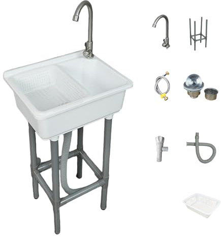 Lavandino del Bagno Bianco, Lavabo del Bagno, Lavatoio in Resina per WC Bagno Lavanderia Garage Uso Comune 43x32x83 cm / 17x12x33 Pollici D Rubinetto