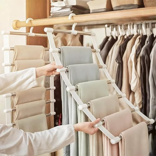 2 Stück Hosenbügel, 6 Etagen Edelstahl Kleiderbügel Hosen Platzsparend,Mehrfach Bügel Faltbare Kleiderbügel，Kleiderschrank Organizer für Aufhängen Von Hosen, Handtücher, Schals, Jeans, Krawatten