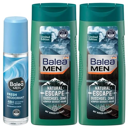 Balea Men 3er-Set Körperpflege: Deo Zerstäuber Fresh Deodorant kühlender Frische-Effekt 0% Aluminium, 75 ml + Duschgel Natural Escape mit Birkenextrakt für Körper, Gesicht & Haar (2 x 300 ml), 675 ml