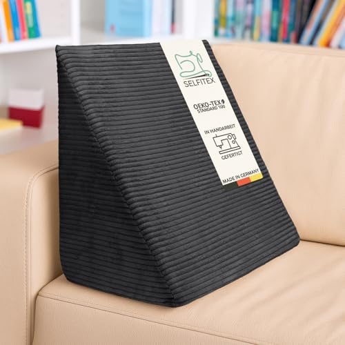 Selfitex Breitcord Keilkissen 60x50x30 cm, Made in Germany, bequemes Lesekissen, Rückenkissen, ergonomische Form, Beinkissen mit stabilem Schaumstoff, Abnehmbarer Bezug, leichte Reinigung (Anthrazit)