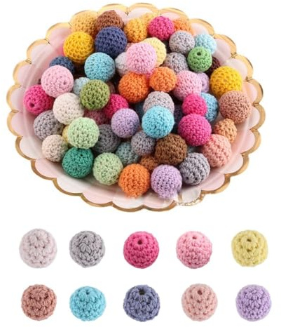 Bessy shop Holzperlen zum Auffädeln,20 Stück Bunte Häkelperlen, 16mm Perlen mit Loch Ketten Selber Machen Set, Wooden Beads für DIY Schmuck Herstellung
