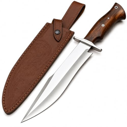 TATLA CRAFT Handmade D2 Steel 14 Inches Bowie Knife with leather sheath, Hunting knife with Wood Handle and steel Guard Ideal for Bushcraft, Camping, Survival, Hunting & outdoor use (BK-1)