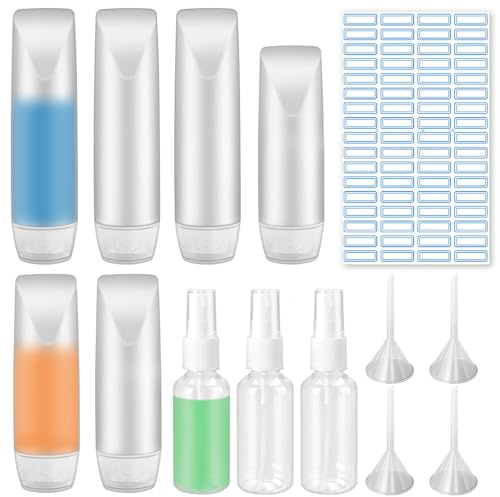 GZLCEU 9 Pcs Recipient Voyage, 30ml/50ml avec 4 Entonnoirs et 1 Etiquette | Flacon Voyage Tubes Vides Rechargeables pour Shampooing, Lotion, Après-Shampoing, Gel Douche