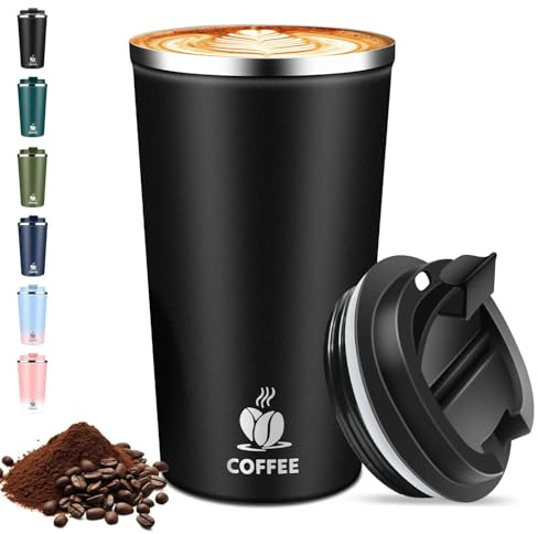 Thermobecher Kaffeebecher to Go - mit Deckel, 510ml Isolierbecher Edelstahl Travel Mug, Auslaufsicherer Thermo Becher für Heiße & Kalte Getränke, Reisebecher für Auto, Büro, Reise (Schwarz)