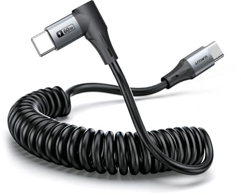 SUNGUY Cavo USB C a USB C Spirale, 2 pezzi 1,2M【Estensibile: 0,3m-0,8m】 Cavo di ricarica per auto per telefono Android a 90 gradi per iPhone 16/15 Plus Pro Max, Galaxy S24 Ultra S23