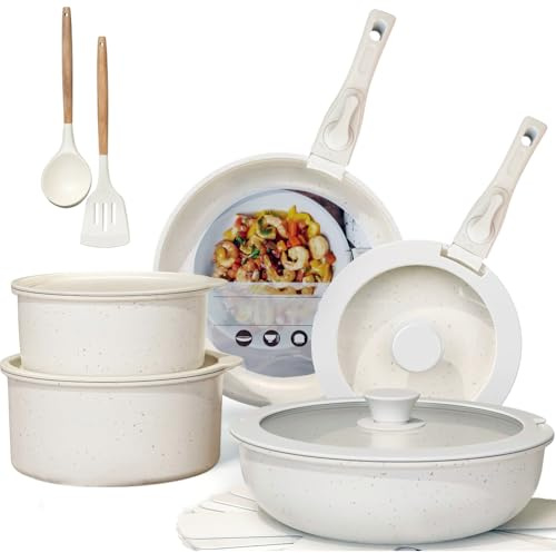 Juego de utensilios de cocina de 17 piezas, juego de sartenes, sartén antiadherente, mango extraíble, sartén de inducción, juego de ollas de cerámica, apto para todo tipo de cocinas, apto para