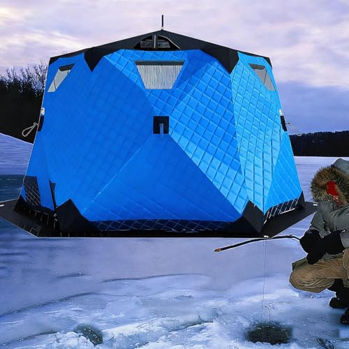 GAYAYAS Abri de pêche sur Glace, Tente de pêche sur Glace isolée avec Tapis de Sol, Tente de pêche isolée Tout Temps avec cheminée, pour la pêche en extérieur Type Igloo, Facile à Monter Blue
