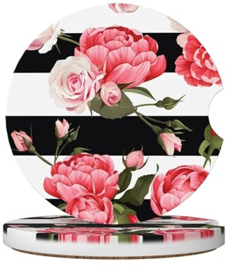 Set di sottobicchieri in ceramica da 6,5 cm, con stampa a fiori bianchi e neri, adatti per portabicchieri