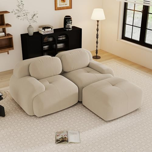 Yihomfy Canapé d'angle Modulaire Désossé, Velours côtelé Canapé 2 Places et 1 Pouf, Configuration Libre, Small Canapé en L de Salon, sans Montage (Beige, 2 Sièges + 1 Pouf)