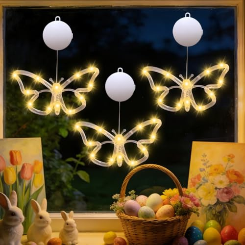 Pipihome 2026 Osterdeko Fenster Led Licht, 3 Stück Frühling Deko Schmetterling Lichterkette zum Aufhängen, Fensterdeko Frühling Hängend, Ostern Deko LED Fensterbeleuchtung für Draussen Innen