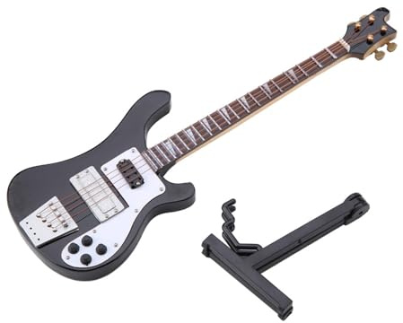 Modello di chitarra bassa in miniatura nera con supporto e custodia in legno, ornamento strumento scala di tiglio, per scaffale da ufficio, regalo per sala di musica per musicisti