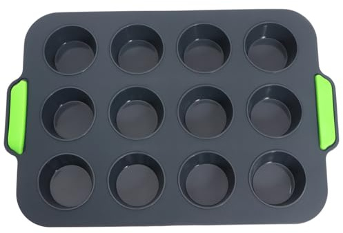 Tofficu Stampo Muffin in Silicone Alimentare 12 Cavità, Piccolo Formato Rotondo per Dolci, Crostatine e Torte, Resistente e Facile da Pulire, Adatto per Casa e Negozi, Colore Grigio Scuro