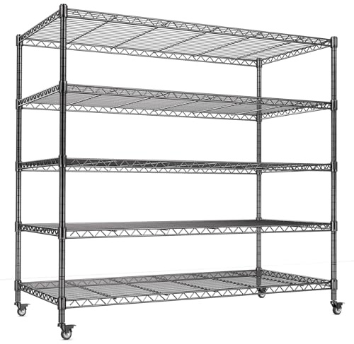 AIRAJ 5-Stöckiges Drahtgitter Regal,122 cm Breites Schwerlastregal,1500 KG Tragende Metallregal, Mobiles Lagerregal mit Rädern,Kellerregal und Gitterregal,122W×61D×182H cm,Verstellbare Regalböden