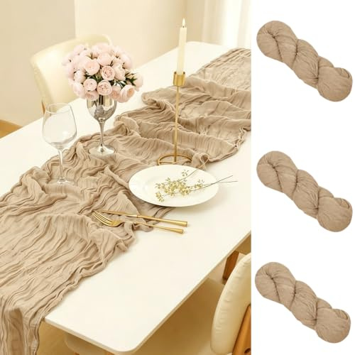 RNPKZ Lot de 3 Chemins de Table en Étamine, 90 x 300 cm Chemin de Table Beige et Romantique, Table Bohème en Gaze, pour Mariages Festivals Remises de Diplôme Dîners Fêtes en Plein Air, Beige