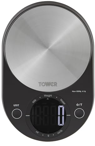 Tower Kitchen Digital Scales in a Compact Design with Zero Weight Function and LCD Screen, Black, T876000BK