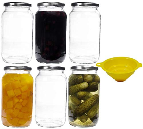 mikken 6 x glasburkar för konservering, 1 liter med skruvlock, silver, inkl. tratt