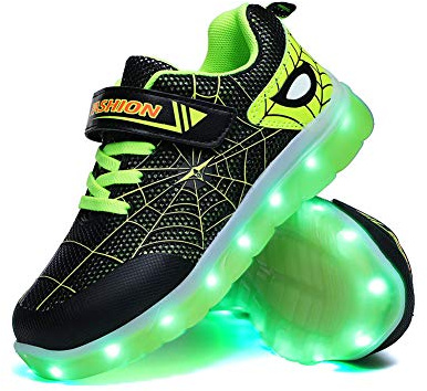 YUNICUS Boys Shoes, LED Light Up Shoes Kids Girls Boys Breathable Flashing Sneakers (Toddler 10M, Black/Green)