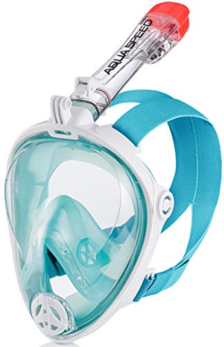 Aqua Speed Tauchmaske Silikon Erwachsene I Tauchermaske Vollmaske I Full Face Schnorchelmaske I Maske Schnorchel I Kamerahalterung I + Mikrofasertuch I 03.Türkis/Weiß, Gr. S–M I Spectra 2.0