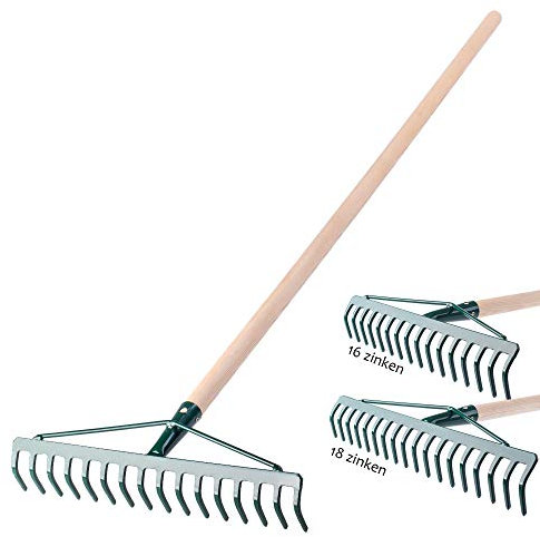 KADAX Rechen, breite Harke für Garten, Beet, Rasen, Gartenharke, Bügelrechen, Rasenrechen aus Metall, Laubrechen, Laubbesen, Gartengerät, Heurechen, Gartenwerkzeug (16 Zinken, Holzstiel)