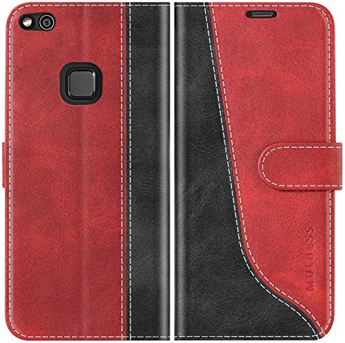 Mulbess für Huawei P10 Lite Hülle, Handyülle Leder mit Kartenfach, Klapphülle mit Magnetverschluss, Flip Case Etui Handytasche Schutzhülle, Stilvoll Wein Rot