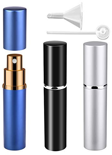 Zingso Refillable Travel Perfume Atomiser Bottles, 3 Pcs 10ml Mini Portable Spray Bottles Refillable Perfume Aftershave Atomiser Empty Travel Bottles with Funnel (10ml (Black+Silver+Blue))