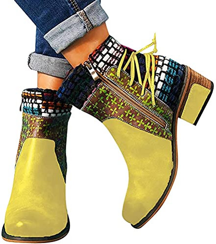 Onsoyours Botines Cortos para Mujer Botines con Tacón Vintage Cierre de Cremallera Botines de Motorista para Mujer Botines de Tobillo Amarillo 40