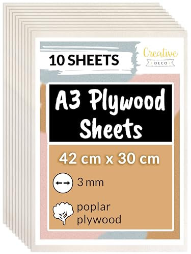 Creative Deco 10 x A3 Sperrholzplatte 3mm Pappelsperrholz | 420 x 300 (+/- 2) mm | Dünne Holz-Zuschnitte laserfähig | Sperrholz Platte perfekt als Baumaterial