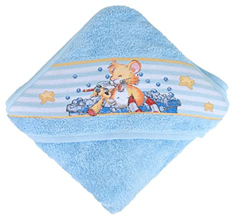 Leo Lausemaus Poncho Kinder Handtuch - Kapuzenhandtuch 100x100cm blau, oekotex 100% Baumwolle - Made in Germany - Flauschiges Babybadetuch mit Kapuze, für Jungen und Mädchen