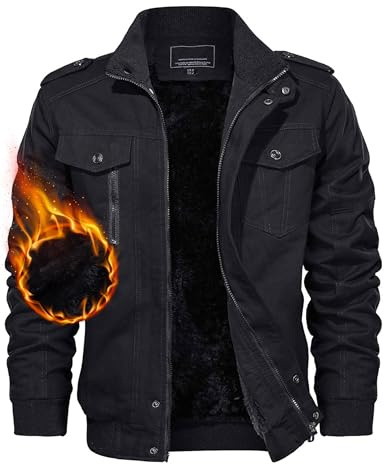 TACVASEN Men Jackets Casual Winter Cargo Jacket Mens Fleece Outdoor Hiking Jacket Warm Work Windproof Jacket Black