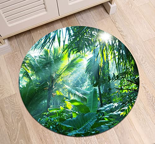 LB Tropischer Dschungel Teppich Sonnenschein durch Grünen Wald Bodenmatte Runden Bananenblatt und Pflanze Weich Waschbar Innen Fußmatte für Wohnzimmer Badezimmer Schlafzimmer,60x60cm