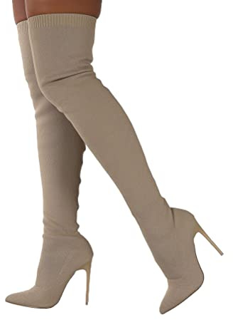 ticticlily Femmes Bottes Couleur Unie Stretch Tricot Mince Talons Hauts Mode Bottes Courtes Bottines pour Femmes Sexy A Beige 38 EU