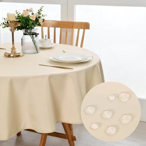 DWCN Beige Tischdecke Rund 150cm Fleckschutz Abwaschbar Tischwäsche | Wasserdicht Kratzfest Schmutzabweisend Tischtuch aus Polyester für Esszimmer,Garten,Party,Hochzeiten oder Haushal