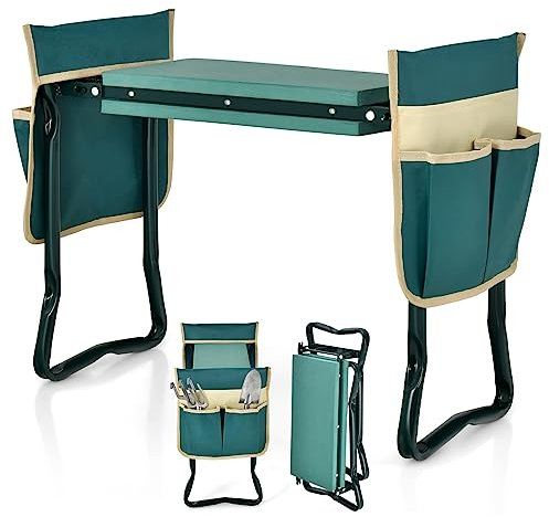 GOPLUS Kniebank, 2 in 1 Garten Arbeitshocker, klappbarer Gartenhocker mit Werkzeugtasche & Eva-Schaumkissen, bis zu 150kg Belastbar, Kniehilfe für Gartenarbeit (mit 2 Werkzeugtaschen, Grün)