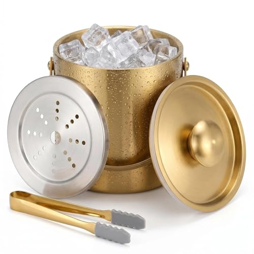 Sipoyen Gold Ice Bucket with Lid, Handle and Tong Insulated Stainless Steel Champagne Bucket 3L Wine Bucket for Party Bar Cart Accessories Large Double Wall Bucket Keep Frozen