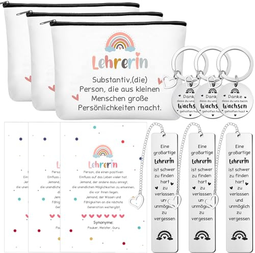 Ylinge 3-teiliges Lehrerin Geschenkset mit Kosmetiktaschen Dankeskarten Schlüsselanhänger und Lesezeichen - Wertschätzung Geschenk für Abschied Geburtstag Ruhestand Weihnachten oder Abschluss