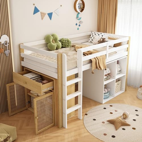 Kinderbett Hochbett 90x200, mit 2 Aufbewahrungsschrank und Leiter, Platzsparendes Kinder Etagenbett Jugendbett Holzbett Bettrahmen mit Rausfallschutz und Lattenrost, stabiles Massivholz, Natur&Weiß