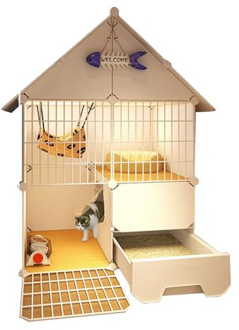 RTTZBOZ Katzengehege - 2-stöckige Katzenkäfig for Den Innenbereich Mit Katzentoilette, Abnehmbarer DIY-Haustierzwinger for Katzen und Andere Kleintiere(White,S)
