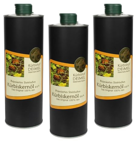Kürbishof DEIMEL Steiermark/Austria - Oferta de ahorro 3 x lata de 1000 ml - Aceite de semillas de calabaza - Original de Austria - Directo del productor