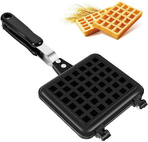 Piastra per waffle con doppia testa in alluminio pressofuso con manico lungo 35 cm, antiaderente, con chiusura a scatto senza perdite, per snack in famiglia, colazione, pranzo, cottura
