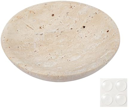 NBEADS rund travertin-smyckesbricka, 14 cm travertin drink maträtt vanity smyckesbricka dekorativ smyckestallrik med 4 stycken halkfria klistermärken för smycken kosmetika förvaring, persikopuff
