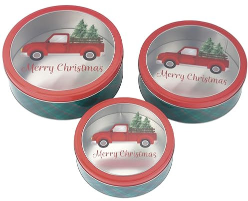 DAHO Christmas Holiday Cookie Tin Containers with Window, 3pc Nested Set, Holiday Cookie Tins with Lid for Gift Giving, Cookie, Treats, Cookies Party Favor and Gifts (Truck, Round Shape)