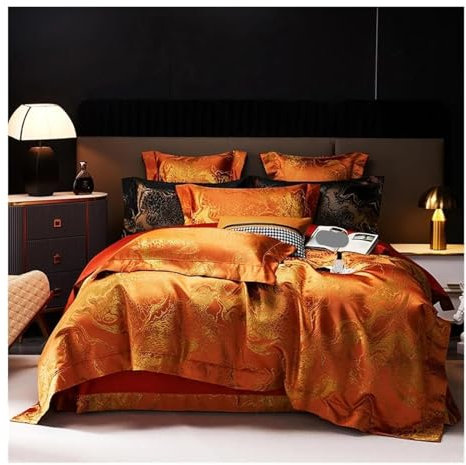 ASHSDI Bettwäsche Set Europäisches Jacquard-Bettwäscheset Aus Satin-Baumwolle, Bettdeckenset, Bettlaken, Kissenbezüge Aus Leinen, Bequeme Bettwäsche Weich Bettbezüge(Orange,1.8m)