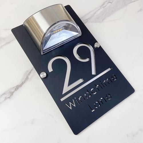 Personalized Solar-Powered LED Door Number Sign, Modern Laser-Cut 3D Address Plaque Waterproof Outdoor House Number Sign Custom Address Plaque for Homes, Apartments, Hotels, Yard, Porch (Black silver)