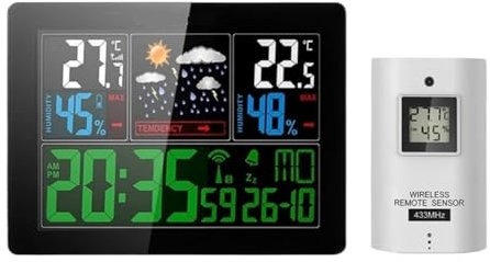 TIEOAXFT Estación meteorológica con Pantalla LCD a Color, termómetro inalámbrico, higrómetro, medidor de Temperatura y Humedad, pronóstico de Tendencias, Reloj Despertador controlado por Radio