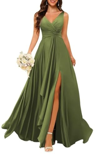 Robe de demoiselle d'honneur en satin avec col en V et poches à volants, robes de soirée formelles, grande taille, vert olive, 40