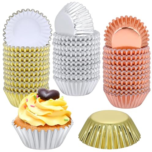 Mini Foil Cupcake Cases 600 Pcs,Muffin Paper Cups Cases for Birthday Wedding Holiday Party - Gold,Silver,Rose Gold (Bottom 3.2cm Dia)