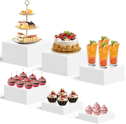 GIOTUK 6PCS Acrylic Buffet Risers Set - Stackable Food Display Stands for Desserts, Cakes & Canapés, Multi-Size Tiered Serving Risers, Sturdy Nestable Storage Boxes (6PCS White Acrylic Cube)